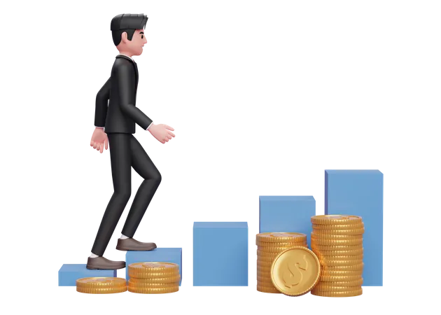 Hombre de negocios con traje formal negro caminando sobre un gráfico de acciones con adorno de pila de monedas de oro  3D Illustration