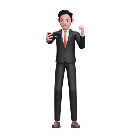 Empresario con traje formal negro celebrando mientras mira la pantalla del teléfono  3D Illustration