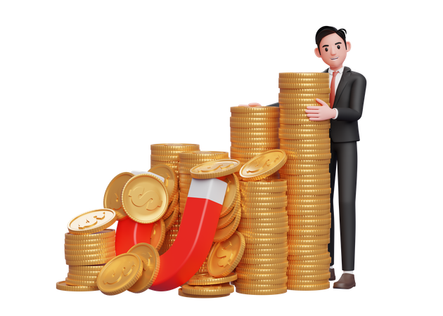 Hombre de negocios con traje formal negro de pie abrazando un montón de monedas de oro atrapadas por un imán  3D Illustration