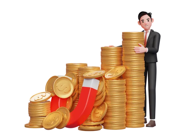Hombre de negocios con traje formal negro de pie abrazando un montón de monedas de oro atrapadas por un imán  3D Illustration