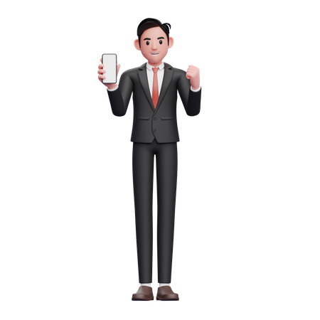 Hombre de negocios con traje formal negro haciendo un gesto ganador mostrando la pantalla del teléfono  3D Illustration