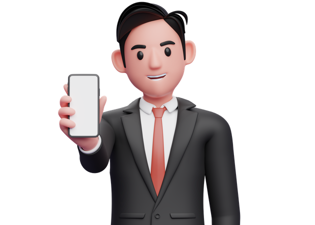 Empresario con traje formal negro mostrando la pantalla del teléfono a la cámara  3D Illustration