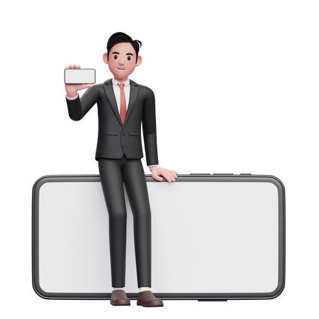 Hombre de negocios con traje formal negro sentado en un teléfono grande mientras muestra la pantalla del teléfono horizontal  3D Illustration