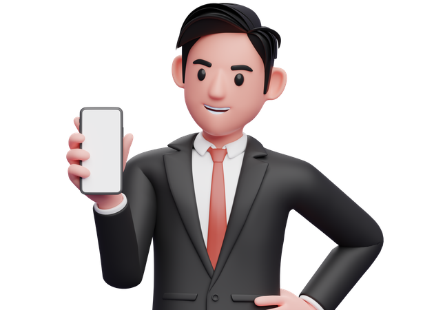 Hombre de negocios con traje formal negro sosteniendo y mirando el teléfono y la mano izquierda en la cintura  3D Illustration