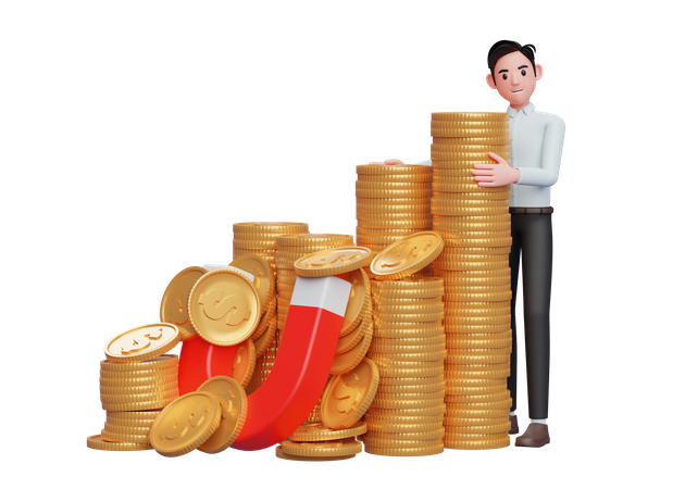 Hombre de negocios con vestido azul de pie abrazando un montón de monedas de oro atrapadas por un imán  3D Illustration