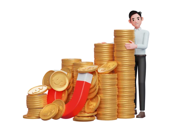 Hombre de negocios con vestido azul de pie abrazando un montón de monedas de oro atrapadas por un imán  3D Illustration