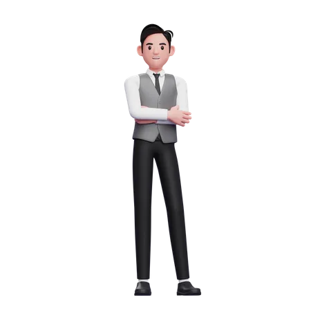 Hombre de negocios elegante con los brazos cruzados vistiendo un chaleco de oficina gris  3D Illustration