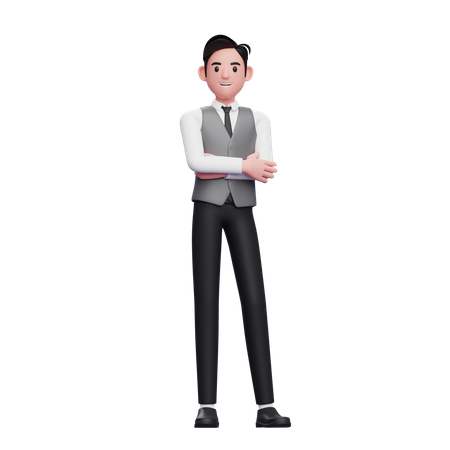 Hombre de negocios elegante con los brazos cruzados vistiendo un chaleco de oficina gris  3D Icon