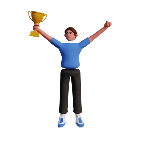 Hombre de negocios exitoso sosteniendo un trofeo  3D Illustration