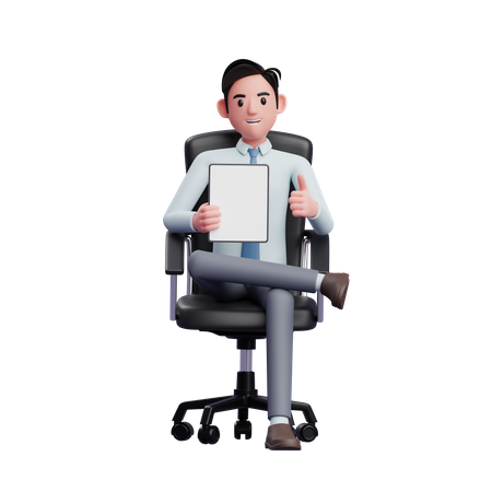 Empresario sentado en una silla de oficina sosteniendo una tableta y dando el visto bueno  3D Illustration