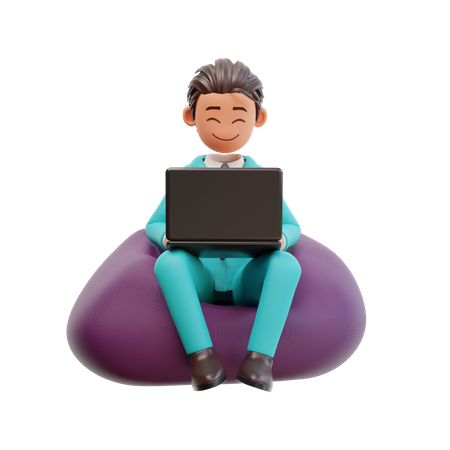 Hombre de negocios sentado en una bolsa de frijoles con una computadora portátil  3D Illustration