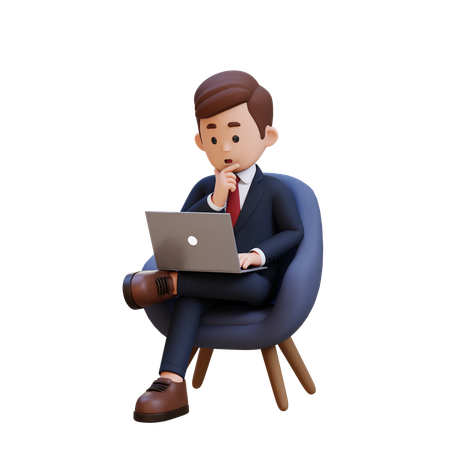 Hombre de negocios sentado en el sofá y trabajando en la computadora portátil con pose de pensamiento  3D Illustration