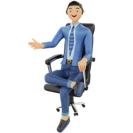 Hombre de negocios sentado en una silla de oficina con pose de bienvenida  3D Icon
