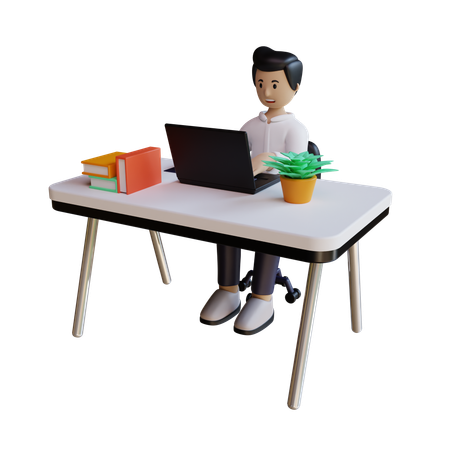 Hombre de negocios trabaja en la mesa con el ordenador portátil  3D Illustration