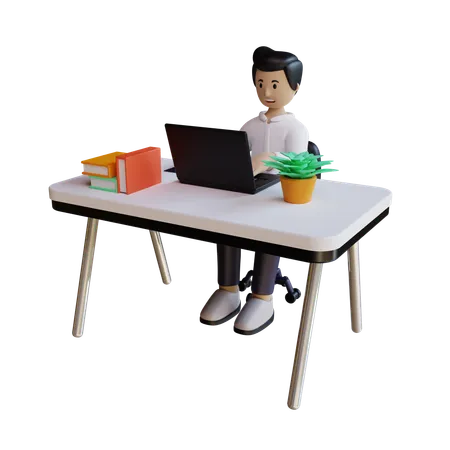 Hombre de negocios trabaja en la mesa con el ordenador portátil  3D Illustration