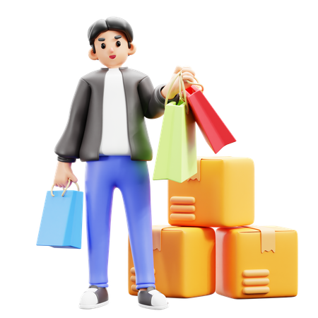 Hombre de pie con bolsas de compras  3D Illustration