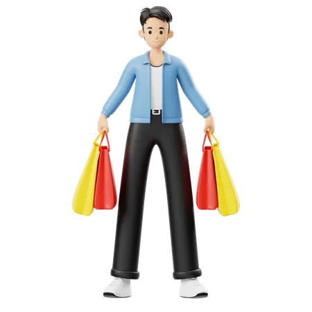 Hombre de pie con bolsas de compras  3D Illustration