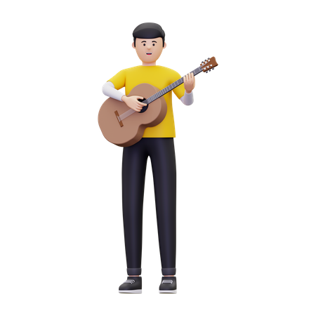 Hombre de pie mientras toca una guitarra acústica  3D Illustration