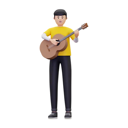 Hombre de pie mientras toca una guitarra acústica  3D Illustration