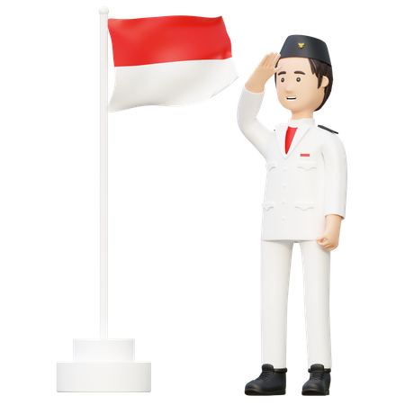 Hombre de uniforme saludando a la bandera de Indonesia  3D Illustration