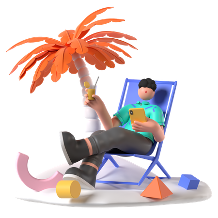 El hombre disfruta de la playa con bebidas  3D Illustration