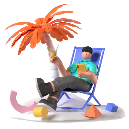 El hombre disfruta de la playa con bebidas  3D Illustration