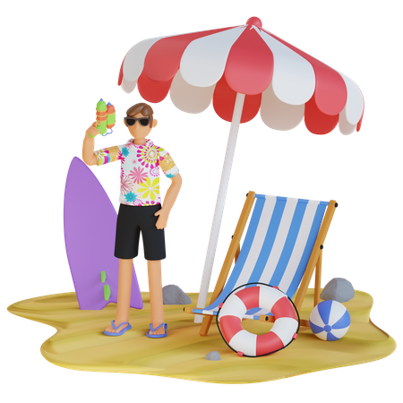 El hombre disfruta del día de playa.  3D Illustration