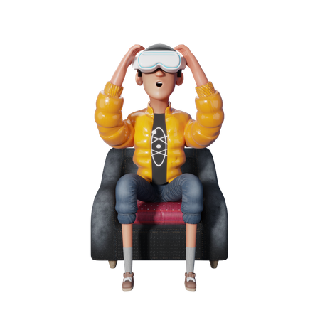 Hombre disfrutando de la realidad virtual desde su asiento  3D Illustration