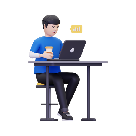 Hombre disfrutando de un café mientras trabaja en la computadora portátil  3D Illustration