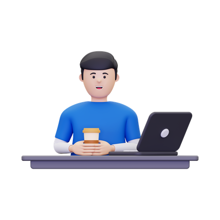 Hombre disfrutando de un café mientras está sentado en el escritorio  3D Illustration