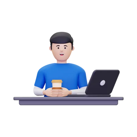 Hombre disfrutando de un café mientras está sentado en el escritorio  3D Illustration