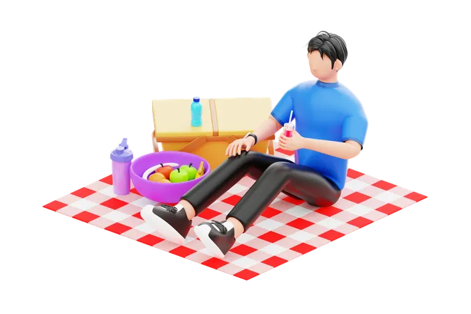 Hombre disfrutando de un picnic en el parque  3D Illustration