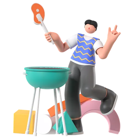 Hombre disfrutando de una fiesta de barbacoa  3D Illustration