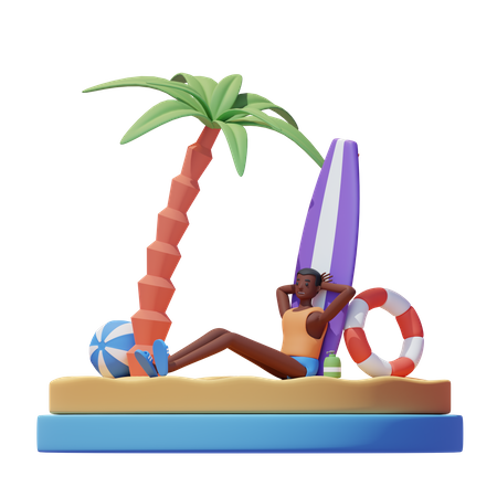 Hombre disfrutando de vacaciones en la playa  3D Illustration