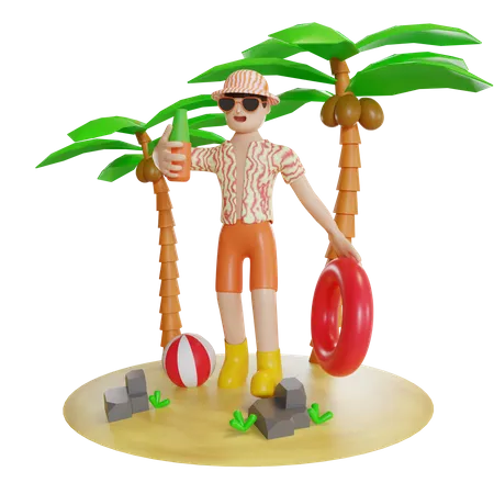 Hombre disfrutando en la isla sosteniendo el tubo de natación  3D Illustration