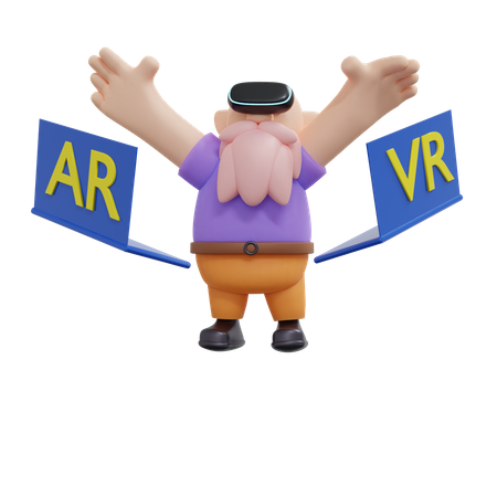 Hombre disfrutando solo usando auriculares VR con dos computadoras portátiles voladoras  3D Icon