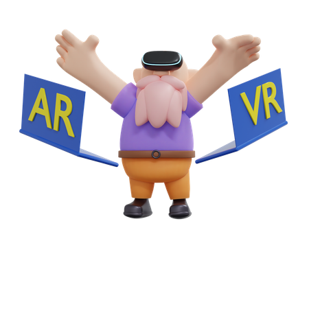 Hombre disfrutando solo usando auriculares VR con dos computadoras portátiles voladoras  3D Illustration