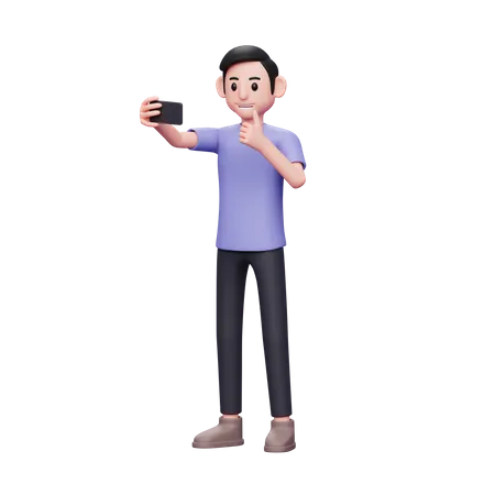 Hombre emocionado posando tomar un selfie por teléfono móvil  3D Illustration