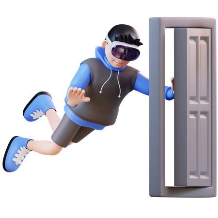 Hombre empujando puerta virtual  3D Illustration