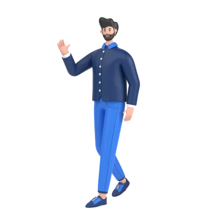 Hombre en pose de caminar y saludando con la mano  3D Illustration
