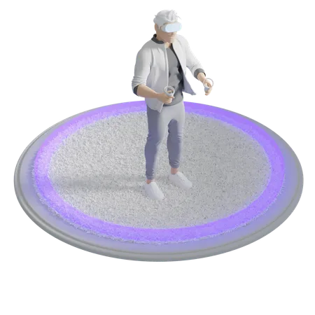 Hombre en sala VR con límite de escala  3D Illustration