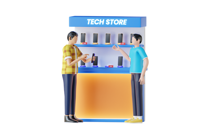 Hombre en una tienda de tecnología comprando un móvil  3D Illustration