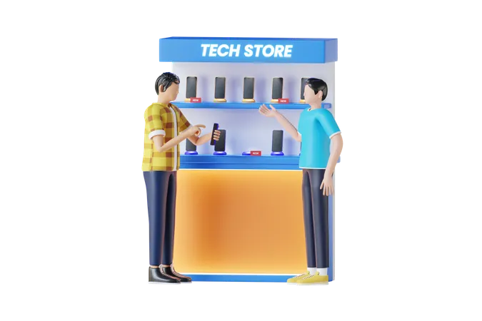 Hombre en una tienda de tecnología comprando un móvil  3D Illustration