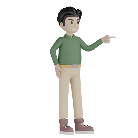 Hombre enojado y apuntando hacia el lado derecho  3D Illustration