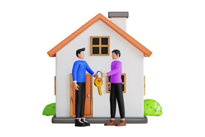 Hombre dando las llaves de la casa al nuevo comprador  3D Illustration