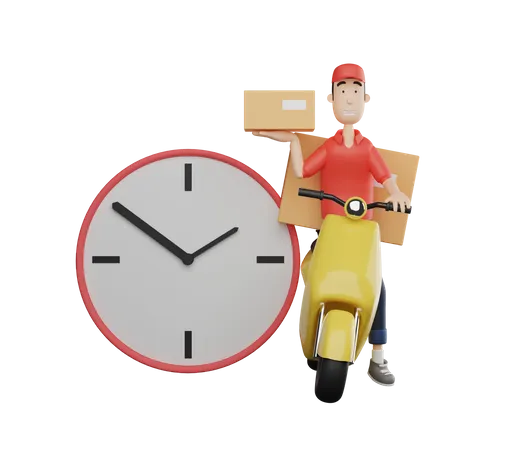 Personaje De Mensajeria 3 D Montando Una Scooter Para Entregar Paquetes Junto A Un Gran Reloj 3D Illustration