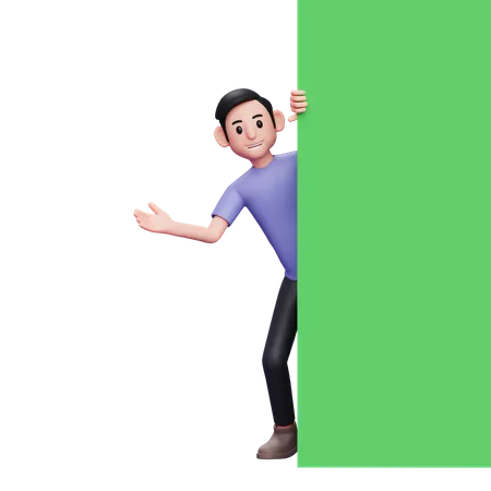 Concepto Publicitario Ilustracion De Personajes 3 D Hombre Casual Espiando Saliendo De Detras De Un Banner De Pantalla Verde 3D Illustration
