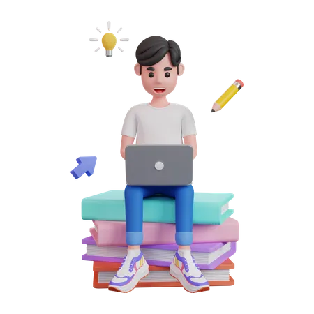 Hombre estudiando en una computadora portátil mientras está sentado en libros  3D Illustration