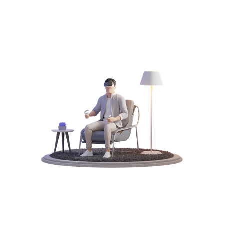 Hombre explorando VR en silla  3D Illustration