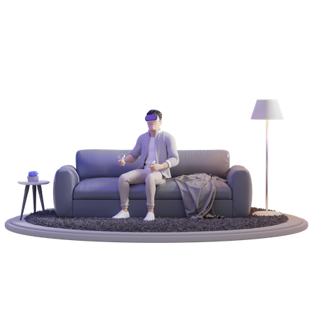 Hombre explorando VR en el sofá  3D Illustration